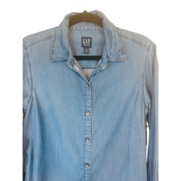 Gap Medium Denim Button-Up Dress Long Sleeve Viscose Blue - Picture 9 of 11
